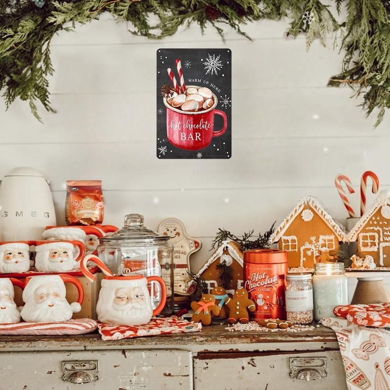 Joyline Vintage Christmas Decor Gifts Rustic Hot Chocolate Bar Warm Up Here Tin Sign for Home Farmhouse Kicthen Cafe Bar Wall Decor 8 x 12 inches (3235) - Image 4